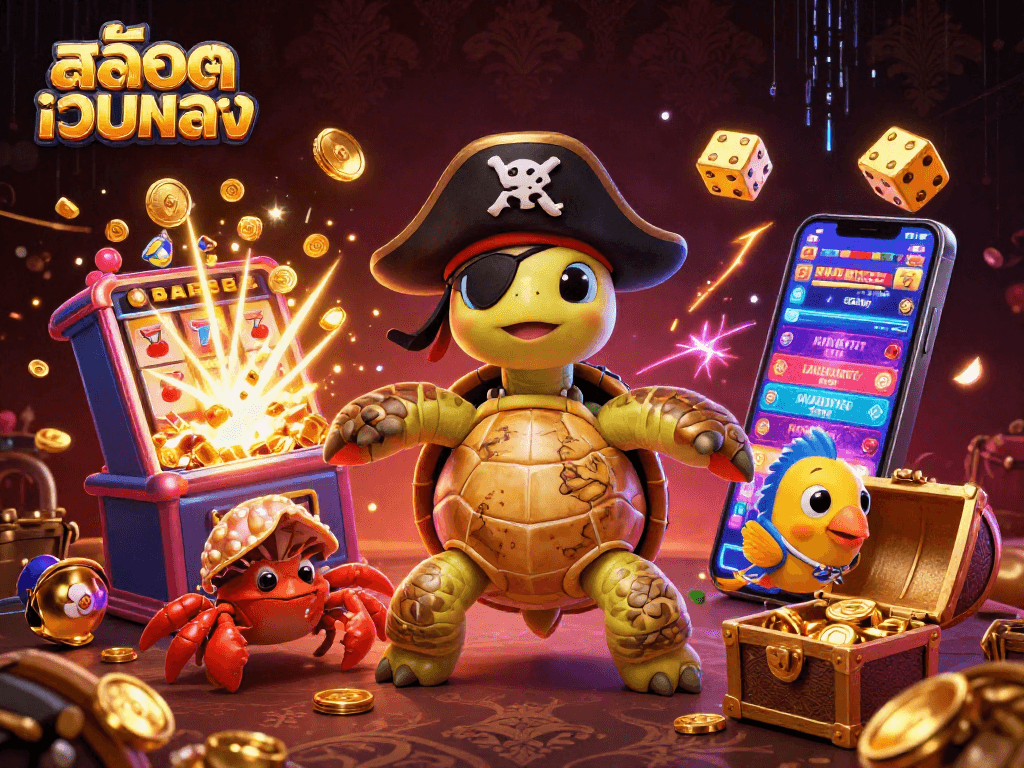 Engage in exciting สล็อตเว็บตรง gaming adventures with a vibrant 3D scene of playful characters and casino elements.