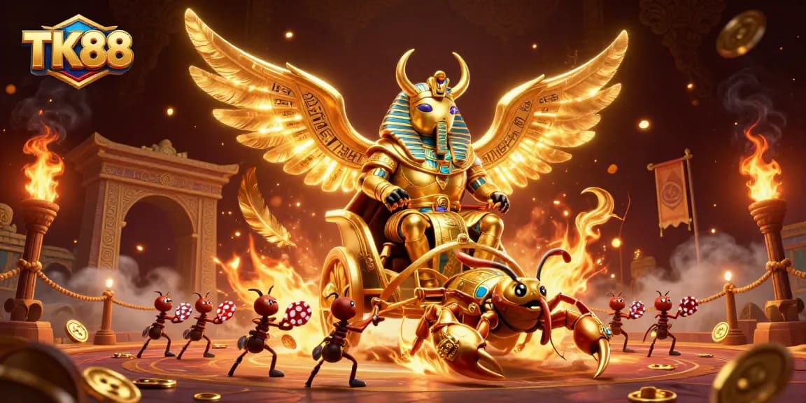 Experience thrill at TK88 with a dynamic 3D casino scene featuring epic characters and vibrant gaming elements.