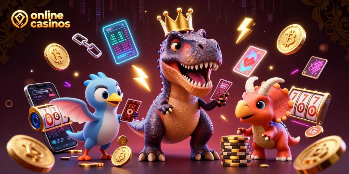 Experience thrilling online casinos with a T-Rex shuffling cards and a pterodactyl assistant.