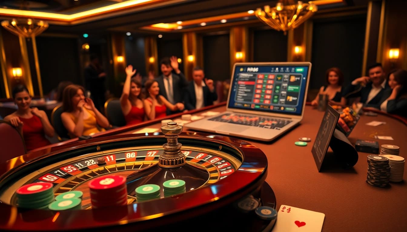 Excited players engaging with the RR88 online casino interface and classic gambling elements.