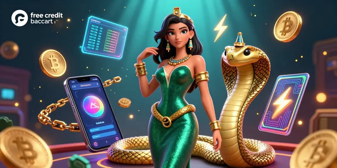 Play free credit baccarat in a vibrant, dynamic setting with beautiful characters and crypto elements.