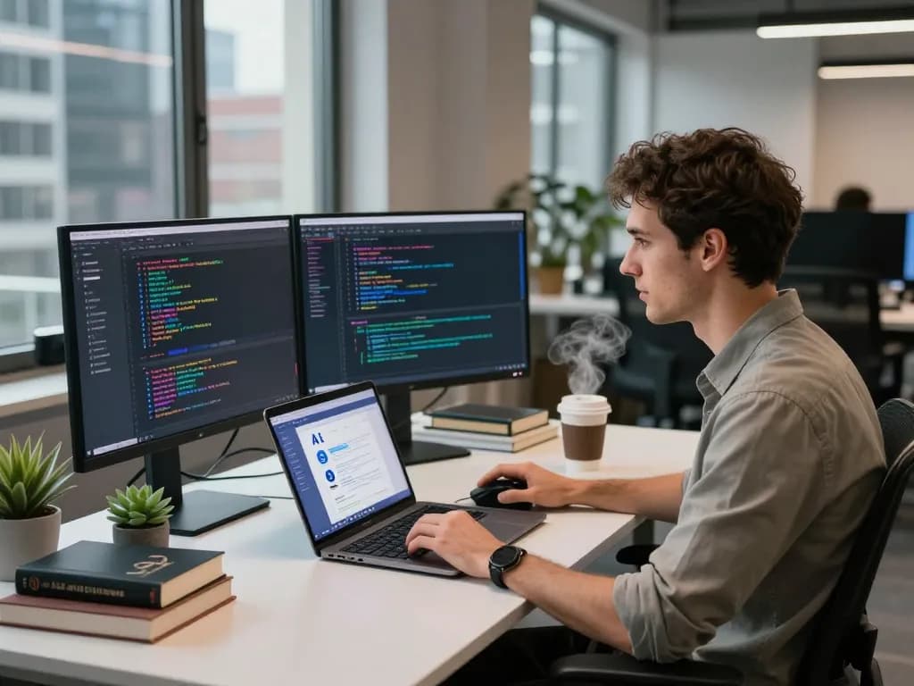 Developer programming juicy ai chatbot application in a modern office with dual monitors and vibrant code.