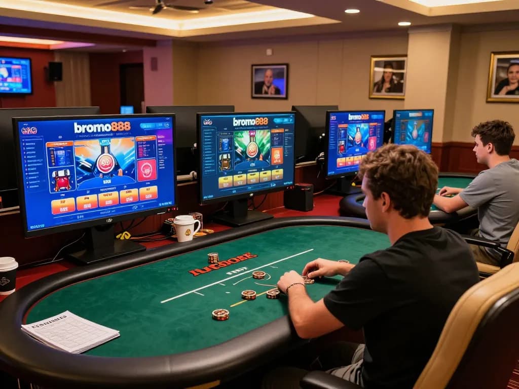 Bromo888 user enjoying poker gameplay on multiple screens in a cozy home setup