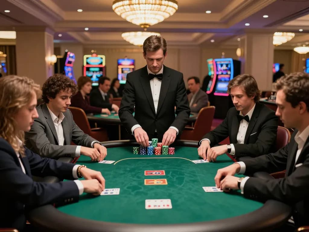 Engaging poker tournament at RR88, showcasing players vying for victory with vibrant chips and professional dealer