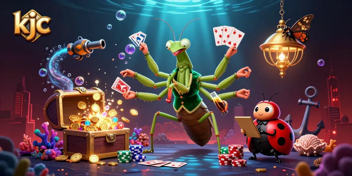 Engage with kjc's captivating gaming scene featuring a dynamic mantis card sharp and ladybug pit boss amidst dazzling casino elements.
