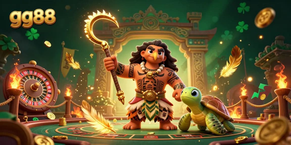 Experience thrilling moments at gg88 with a Maui-style demigod and turtle in a vibrant casino scene featuring a roulette wheel.