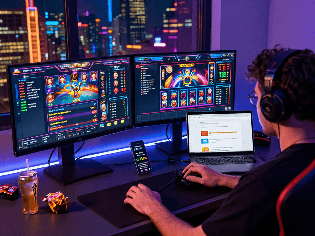 Engaging online gaming scene reflecting mpocash.blog's vibrant betting experience with dual monitors and gaming accessories.
