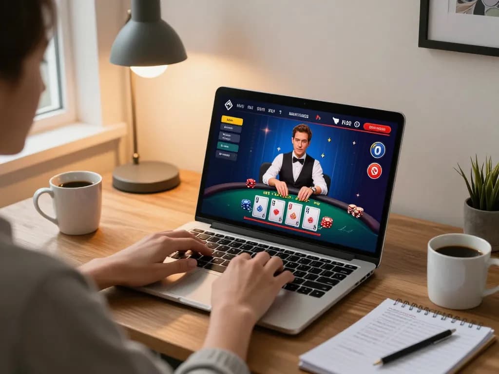 Engaged player at 789 club enjoying a live dealer blackjack game on a laptop at home.