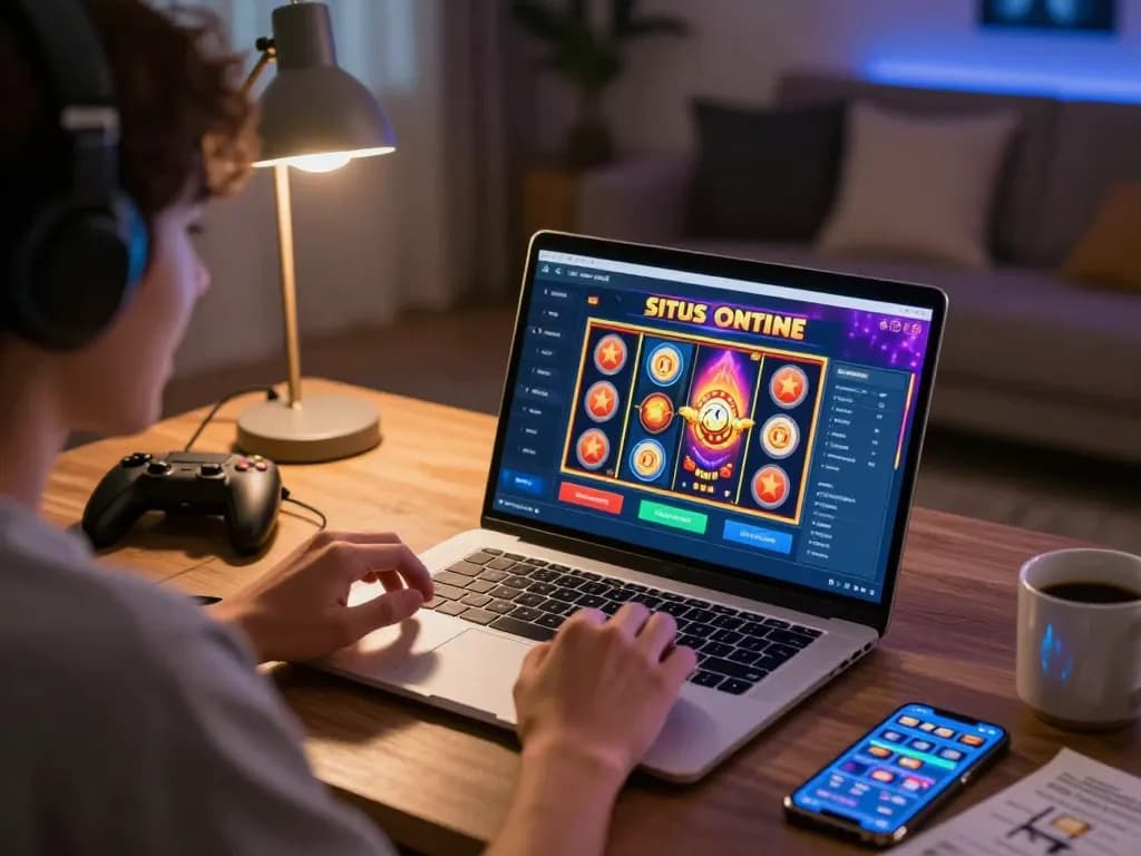 Membangkitkan semangat dengan permainan situs slot online di layar laptop yang menampilkan gulungan slot berwarna-warni