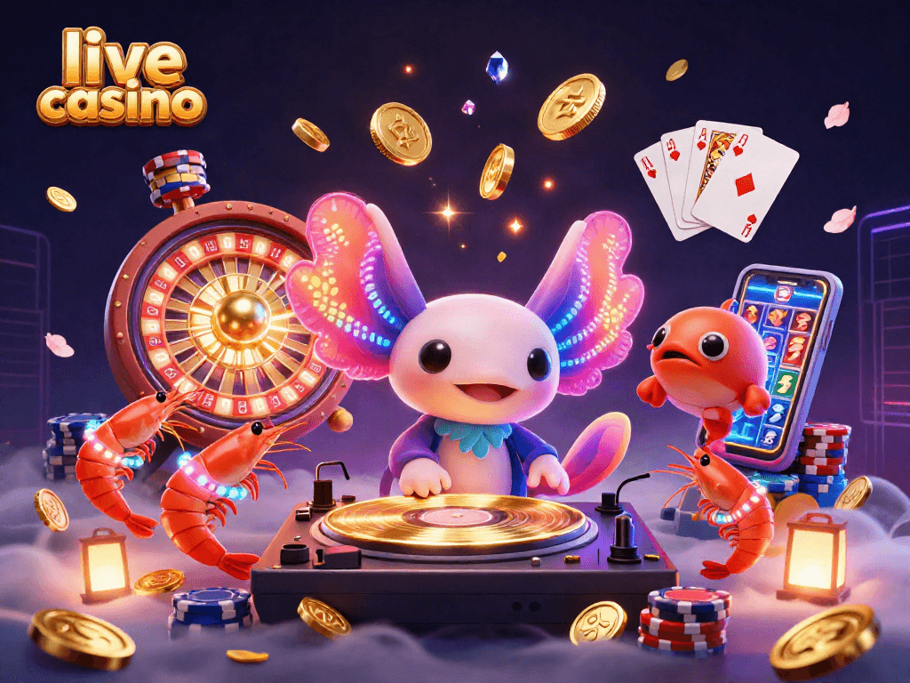 Experience the thrill of a live casino with colorful cartoon characters celebrating under cascading coins and gems.