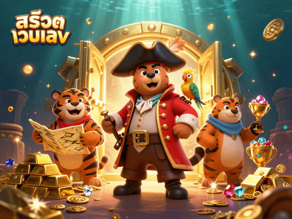 Experience the exciting world of สล็อตเว็บตรง with vibrant casino-themed characters and treasure elements.