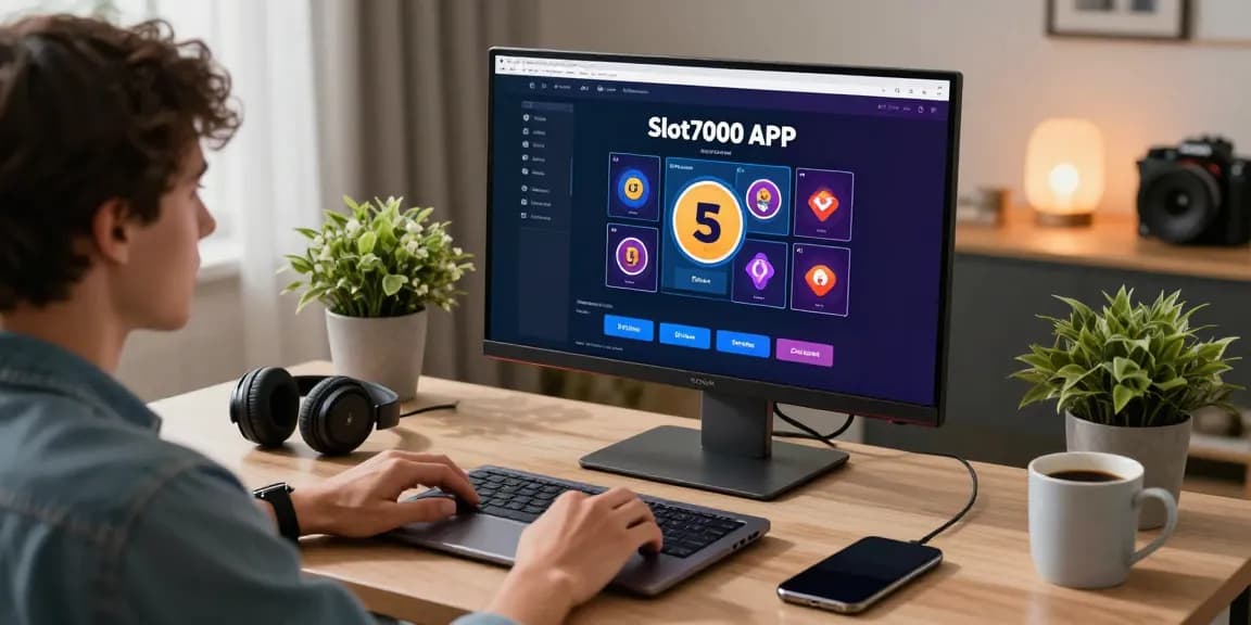 Downloading the Slot7000 APK on a laptop in a modern workspace