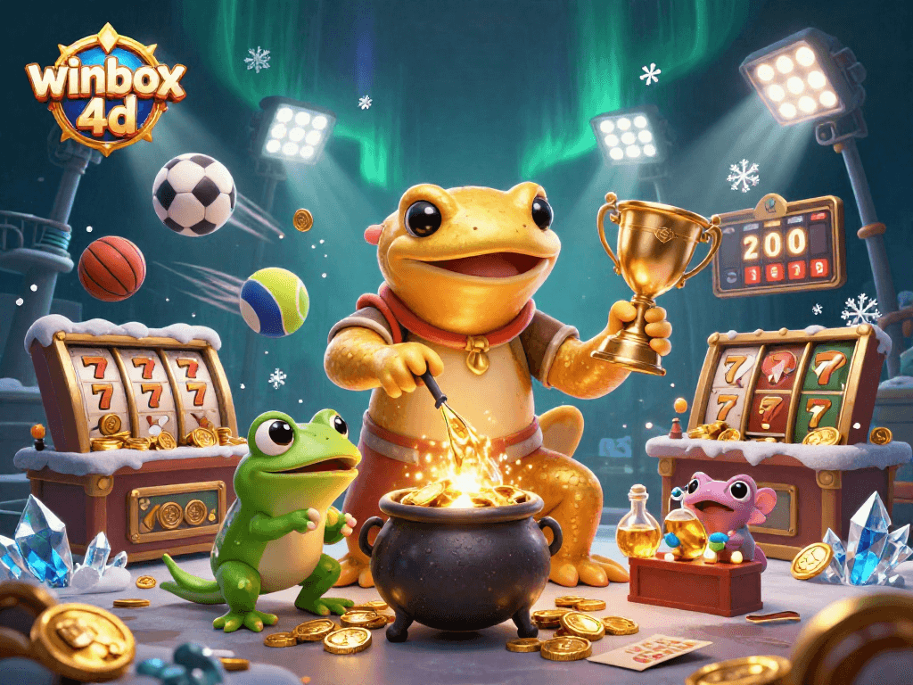 Winbox 4D: A magical scene showcasing a golden salamander alchemist and his helpers in a bustling casino.