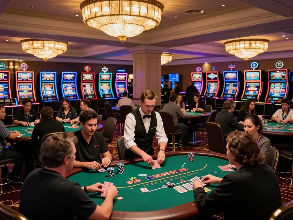 78WIN players enjoying a dynamic poker game at a chic casino floor, engaging with cards and chips.