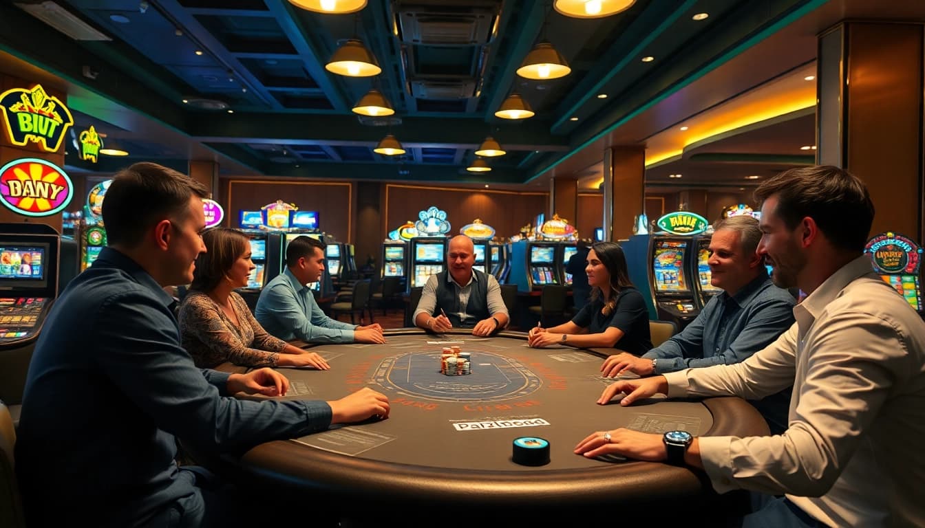 Permainan poker di bbni4d dengan pemain terlibat dan cahaya hangat yang menyinari suasana.