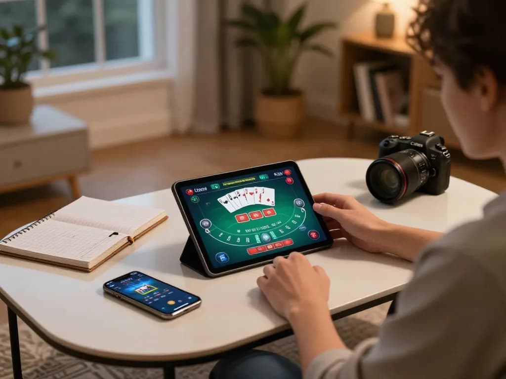 Pemain menggunakan aplikasi poker tjroeng di tablet, dikelilingi catatan strategi di ruang tamu yang nyaman.