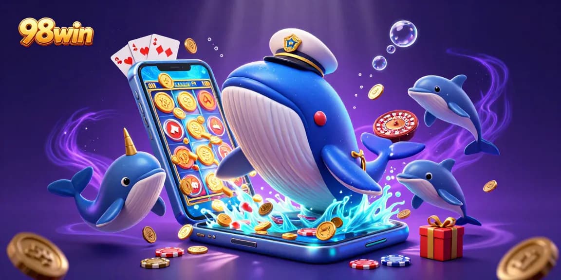 Engage with thrilling gaming action at 98win, highlighted by a vibrant underwater scene featuring playful casino characters.