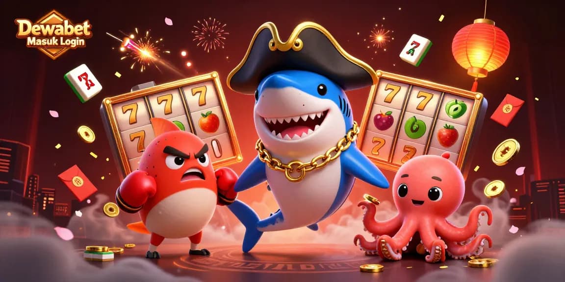 Dewabet Masuk Login showcases lively casino action with a pirate shark, pufferfish, and octopus amidst vibrant gambling elements.