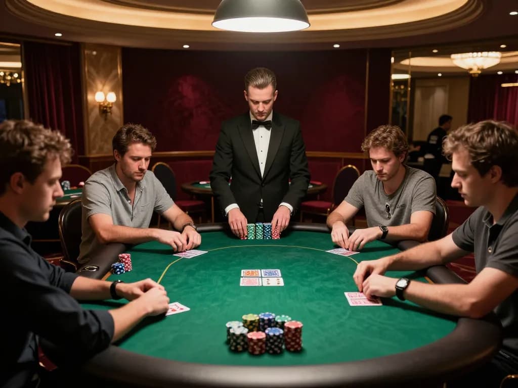 Engaged players at dinamit4d high-stakes poker table analyzing hands in upscale casino.