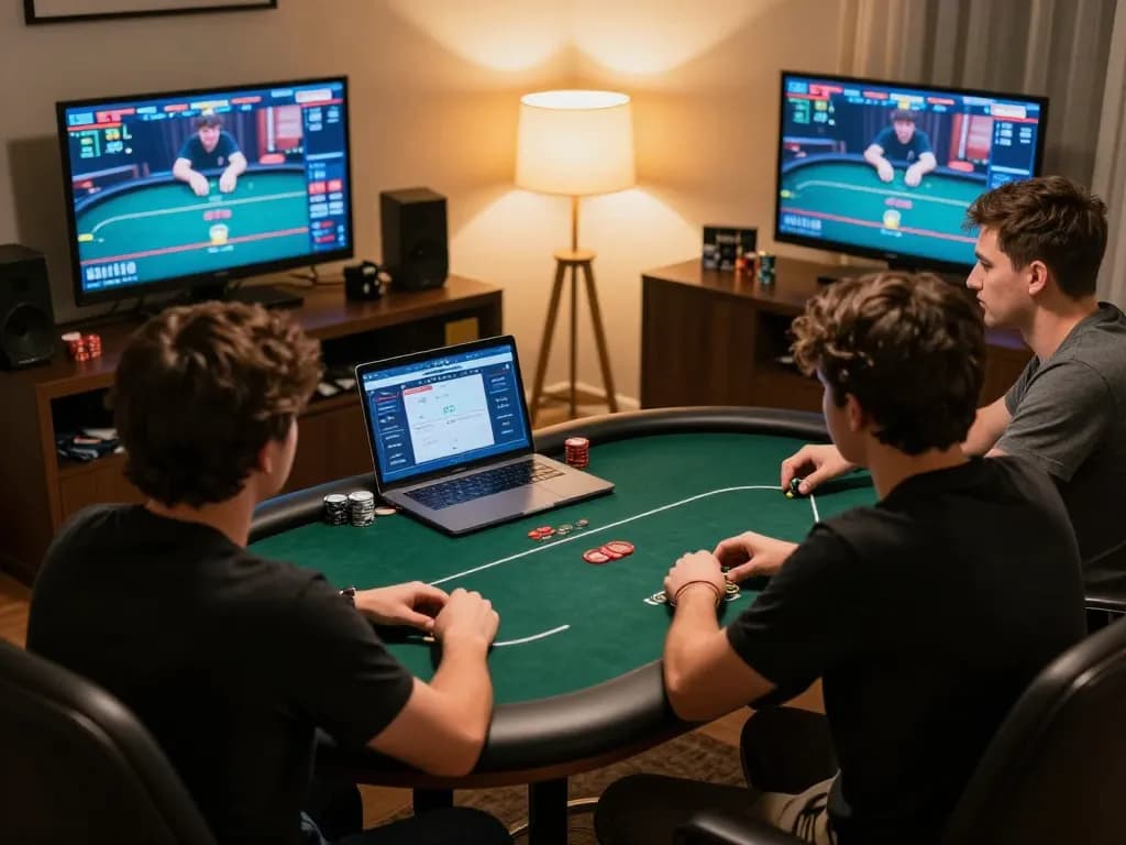 Intense poker strategies at home with king33 gaming setup and multiple screens.