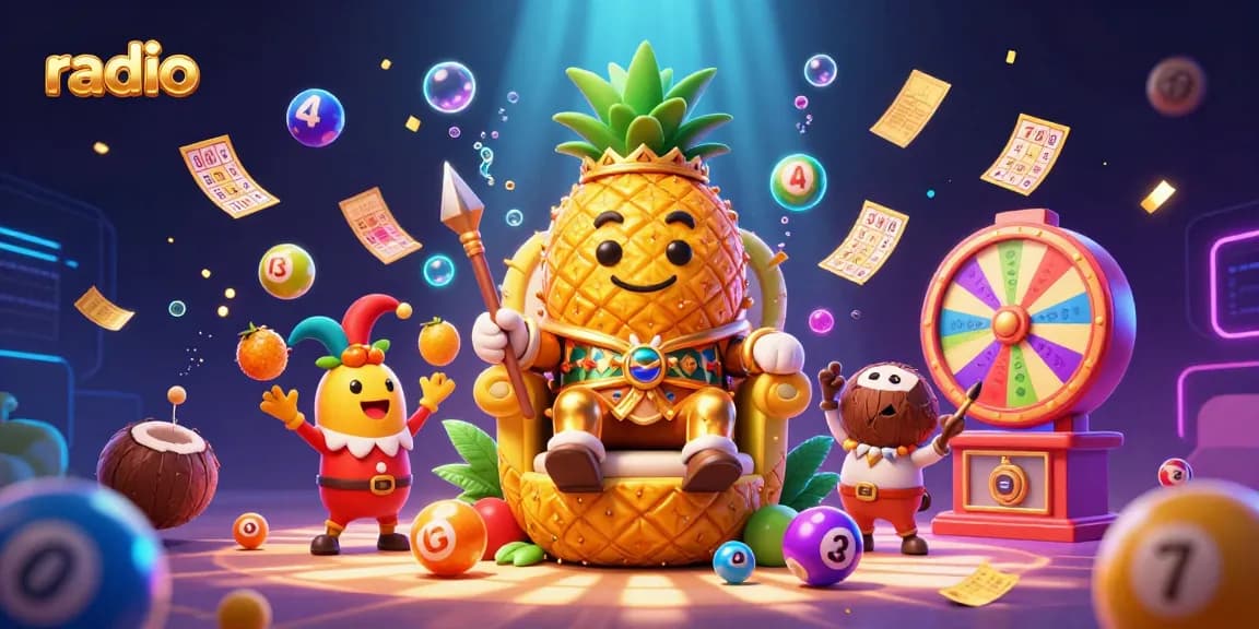 Engage with the lively radio-themed casino scene featuring the golden pineapple king and colorful lottery elements.