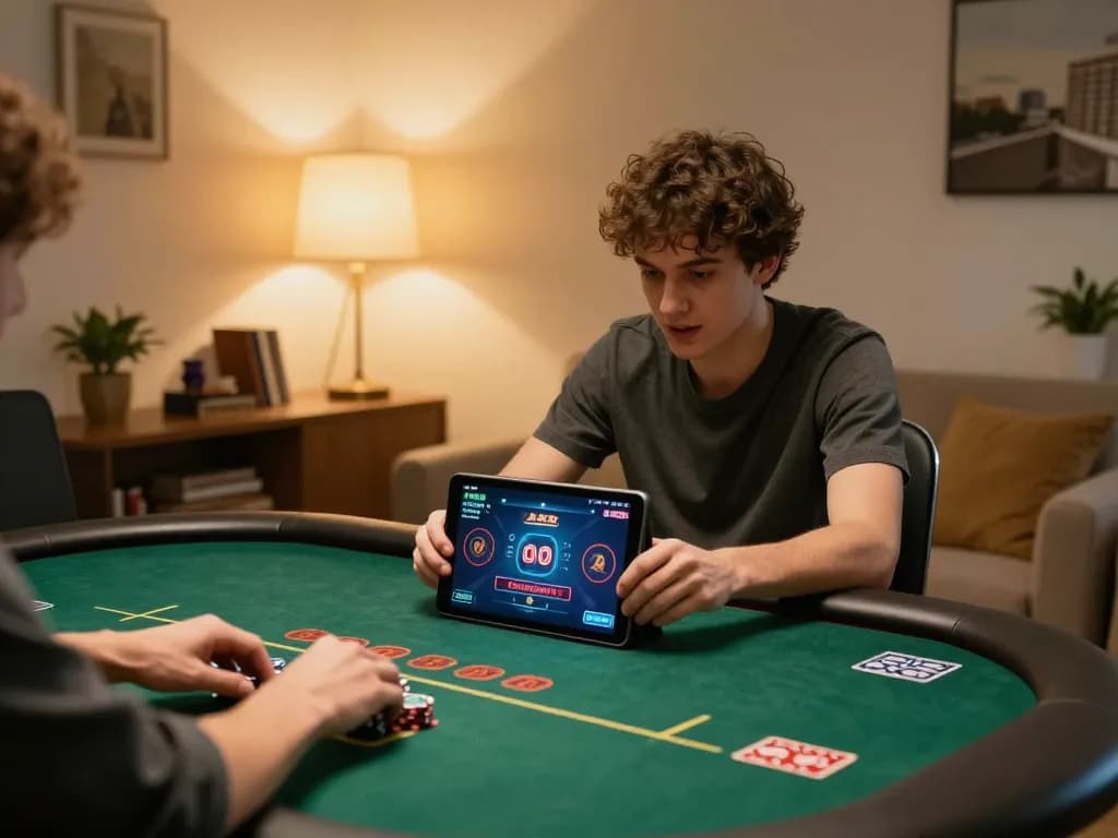 Engaging in online poker gaming session with g28 strategy on tablet in cozy setting.