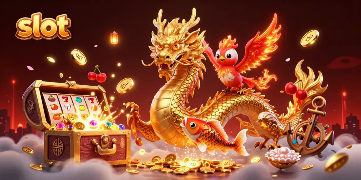 Putar slot dengan simbol keberuntungan bersama naga, phoenix, dan ikan koi di bawahnya.
