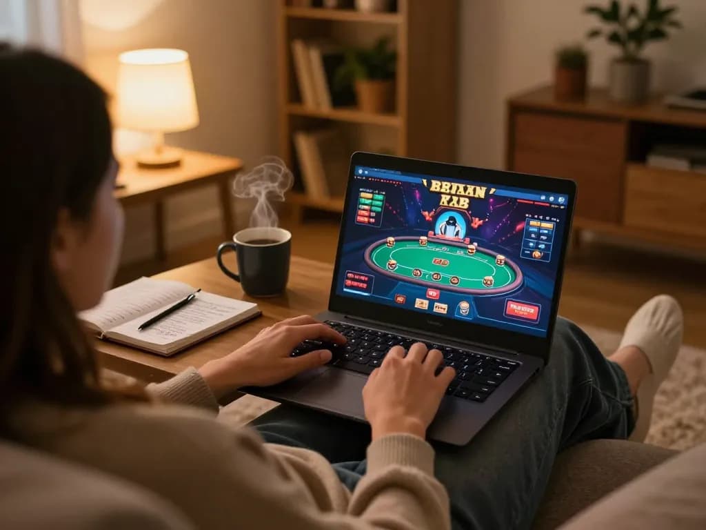 Player engaged in online poker on 88xx, with strategy notes visible in cozy home environment