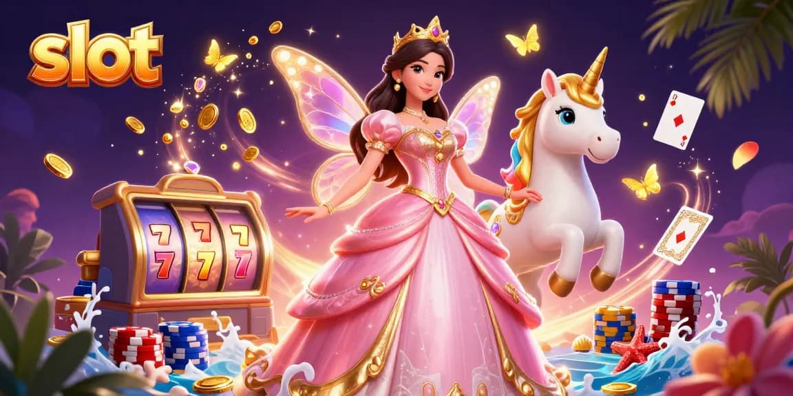 Experience the thrill of slot games with colorful characters, coins, and stardust in a vibrant casino scene.