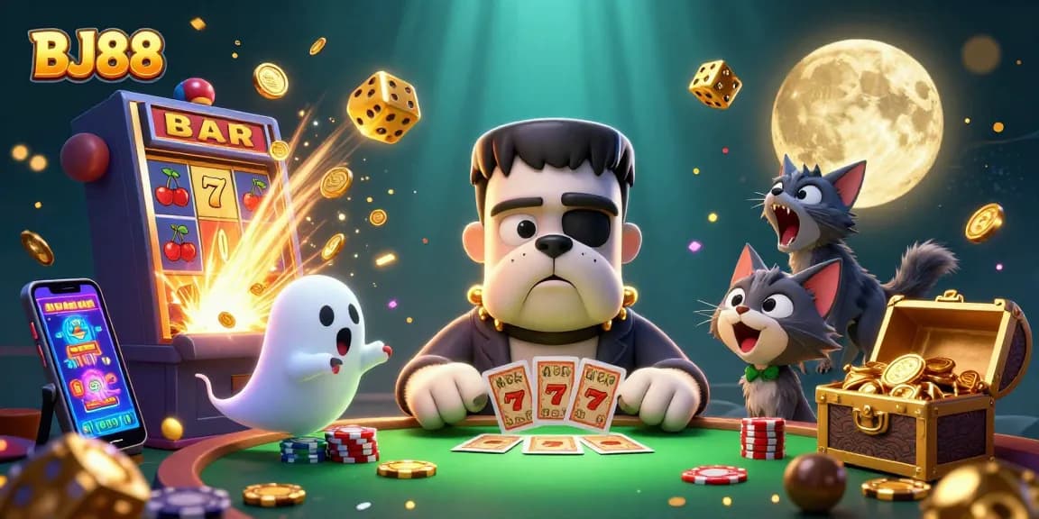 BJ88 showcases a colorful casino scene with fun characters, lively card dealing, and dynamic gaming elements.