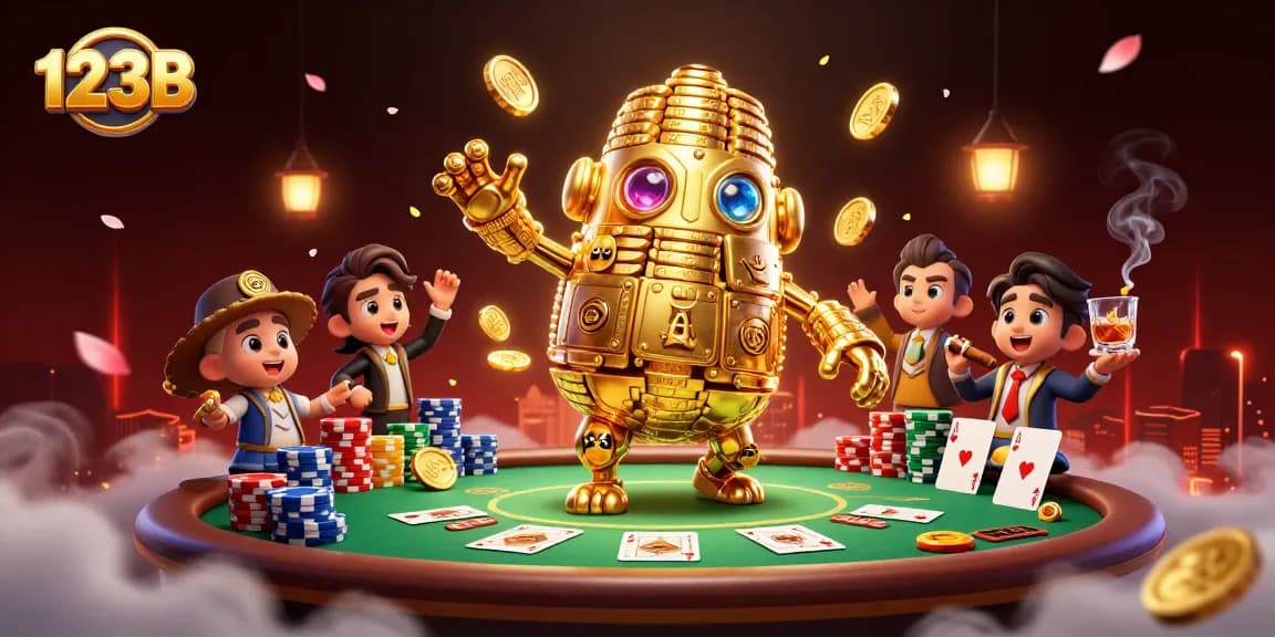 Experience the thrill of 123B with the golden golem amidst a dynamic poker scene.