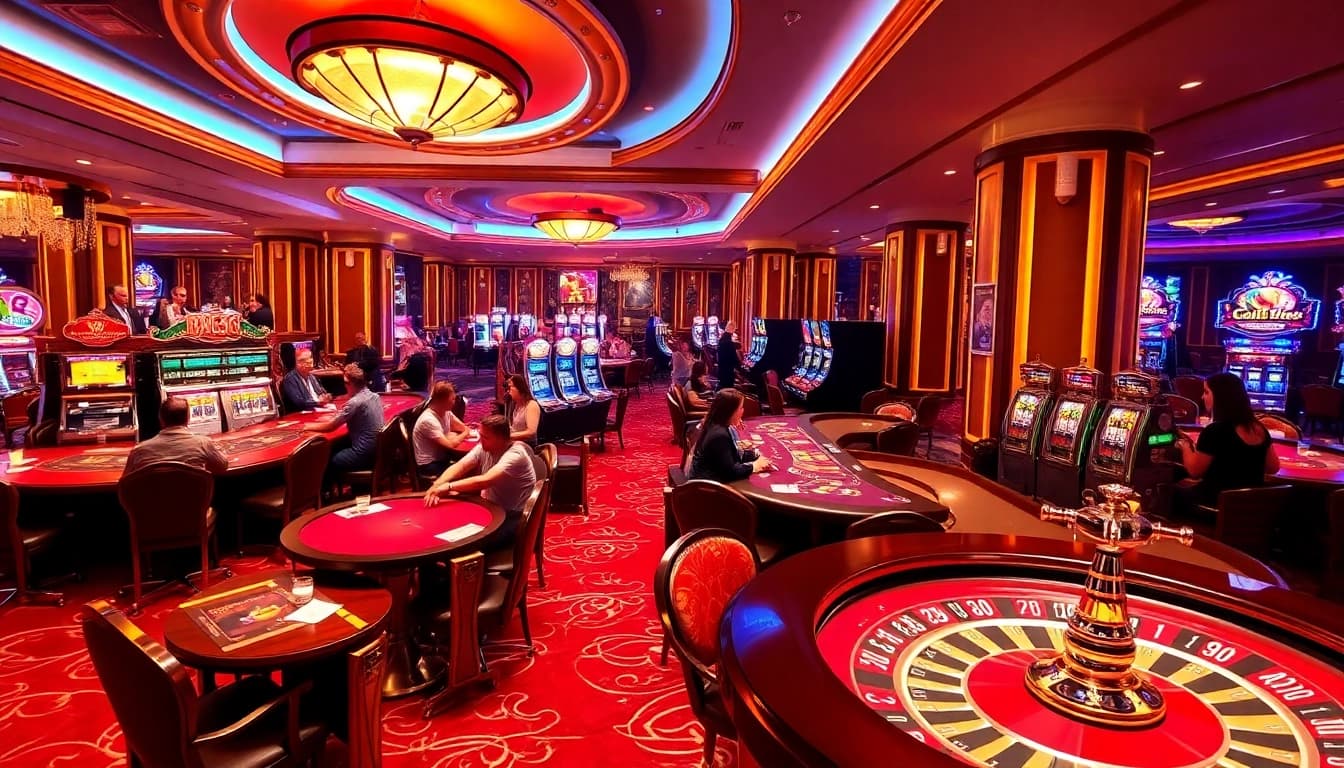 Players enjoy excitement at MB66 casino tables with vibrant lights and action.