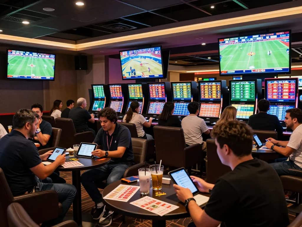 bettors engaging with nhà cái sports betting options at a modern sportsbook, large screens showcasing live events