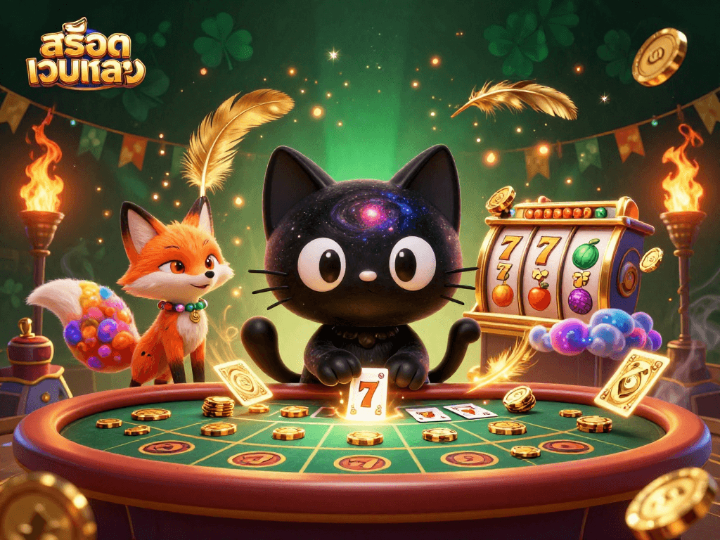 Experience the thrill of สล็อตเว็บตรง with our captivating cosmic casino scene featuring a charming cat and fox.