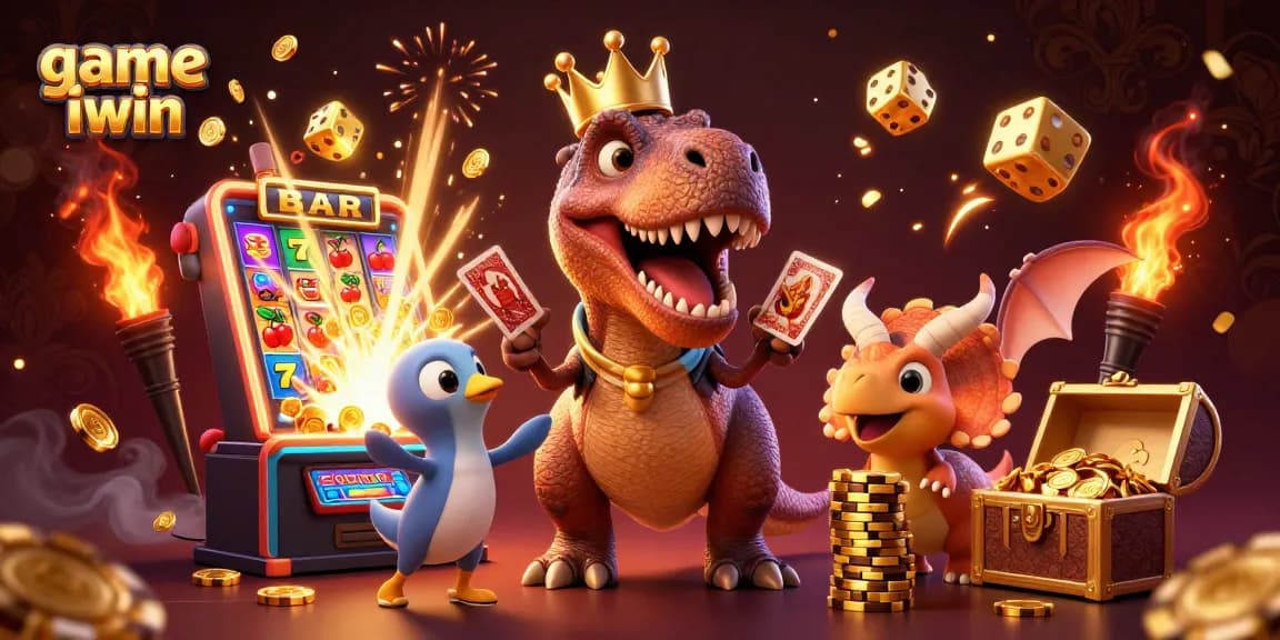 Engage in game iwin excitement with a cartoon T-Rex playing cards amid dazzling casino elements.