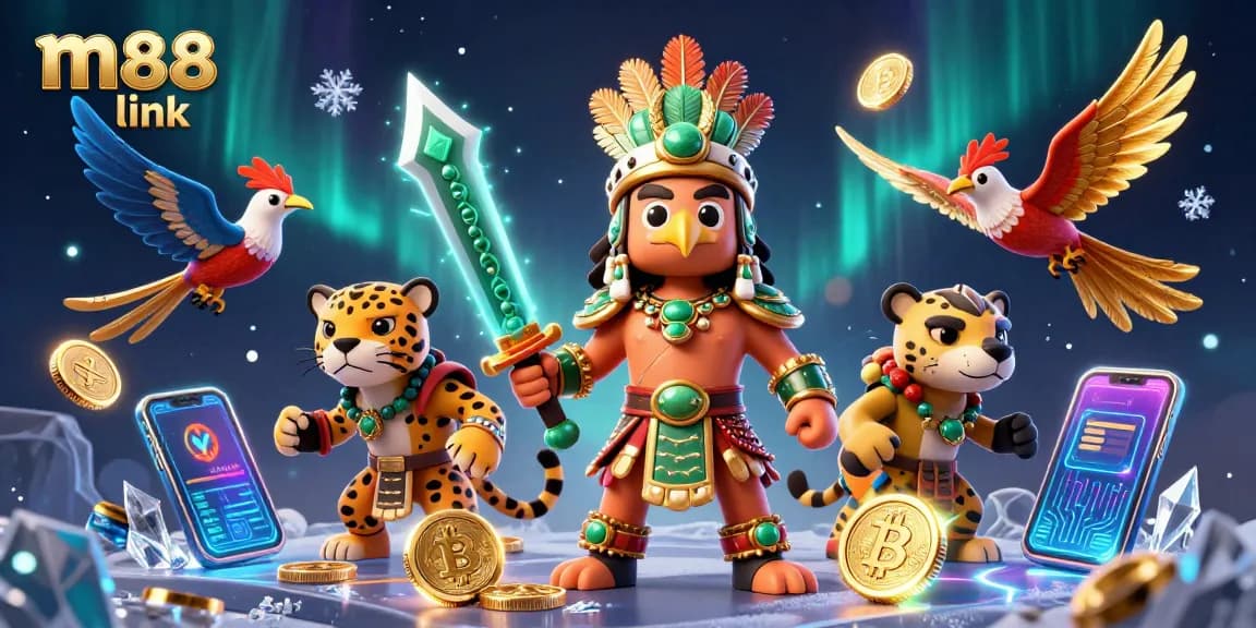 Experience vibrant gaming with m88 link featuring an Aztec warrior and crypto elements.