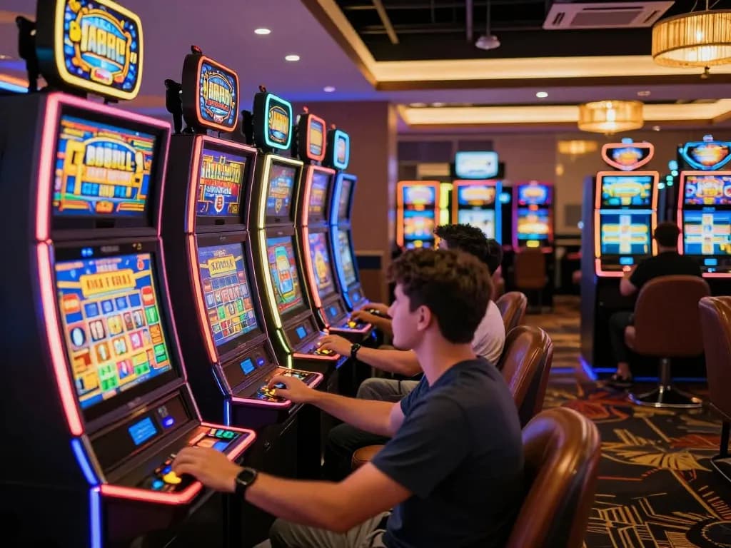 Situs slot players engaging with exciting machines in a vibrant casino atmosphere