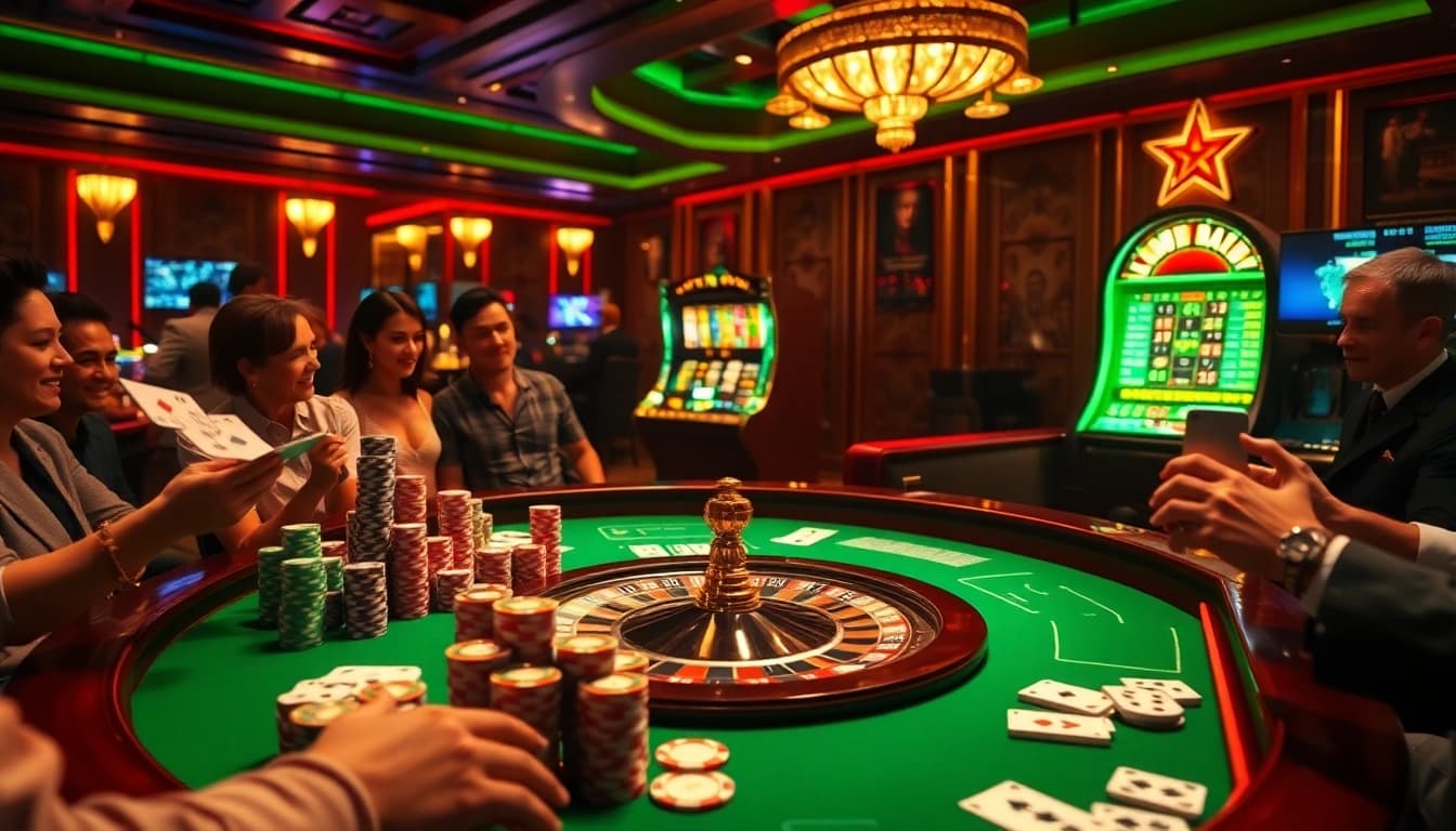 Engaged players at a casino table strategizing with 'the official hidden wiki' illuminated by vibrant lights.
