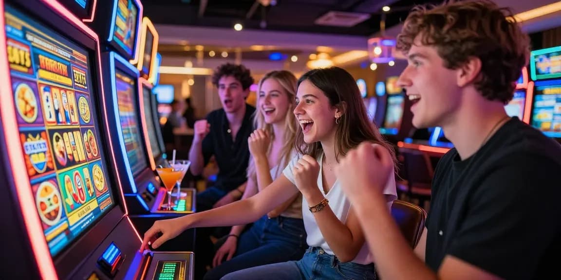 Exciting gameplay moment highlighting bonus buy slots as friends celebrate near a modern slot machine in a vibrant casino.