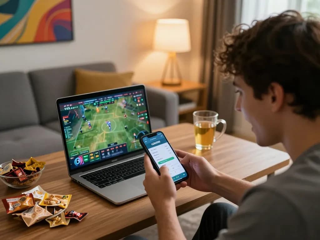 LIGA2000 user placing bets on smartphone in vibrant living room setting for strategic gaming