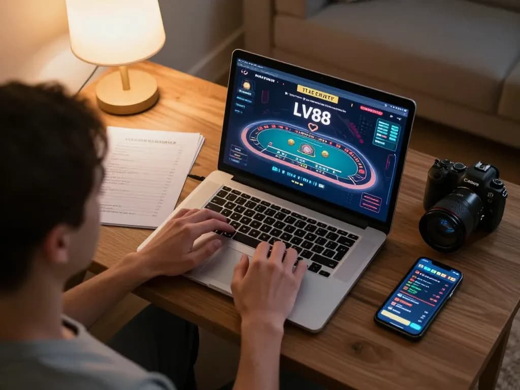 Engaging gameplay on LV88 online casino interface displayed on laptop, reflecting responsible gaming.