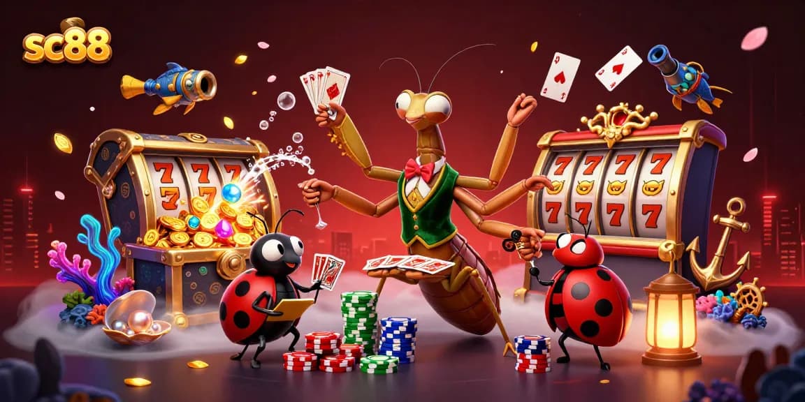 Experience the sc88 thrill with a vibrant casino scene featuring a praying mantis card sharp and ladybug pit boss amidst dynamic gaming elements.