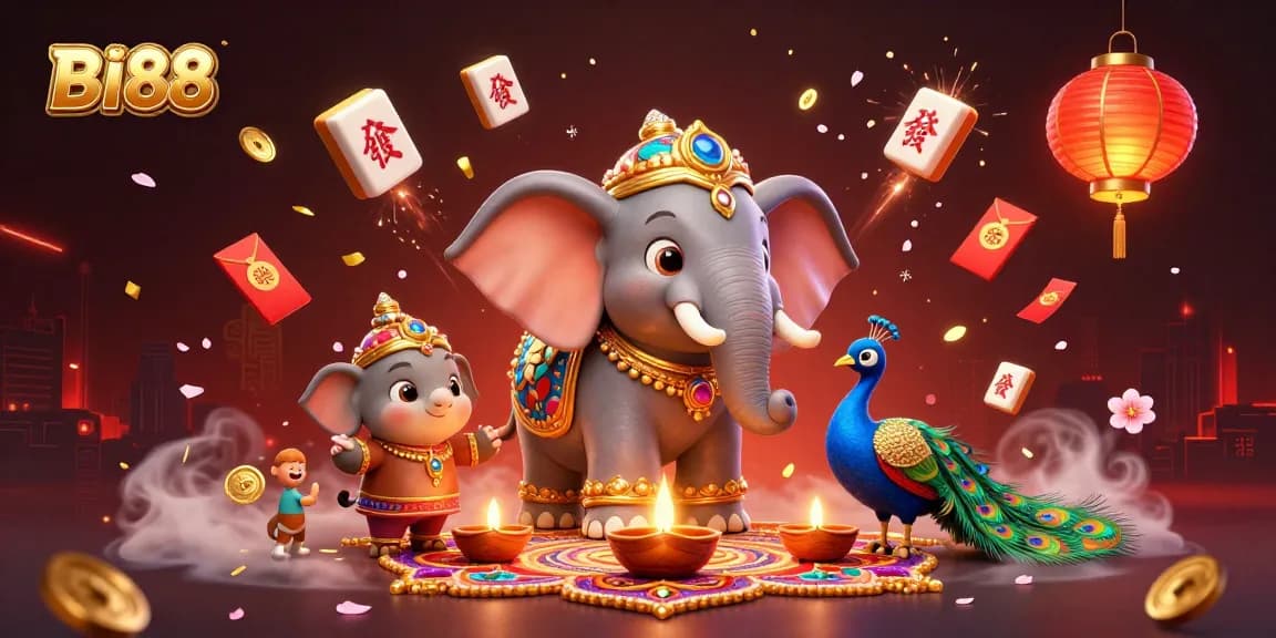 Engage with BI88's vibrant casino adventure featuring festive elephants and dynamic game elements.