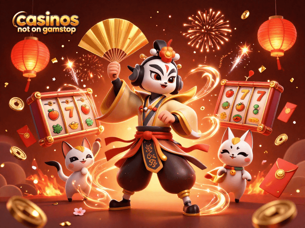Experience excitement at casinos not on gamstop with vibrant 3D characters celebrating amidst slot reels and lavish decorations.