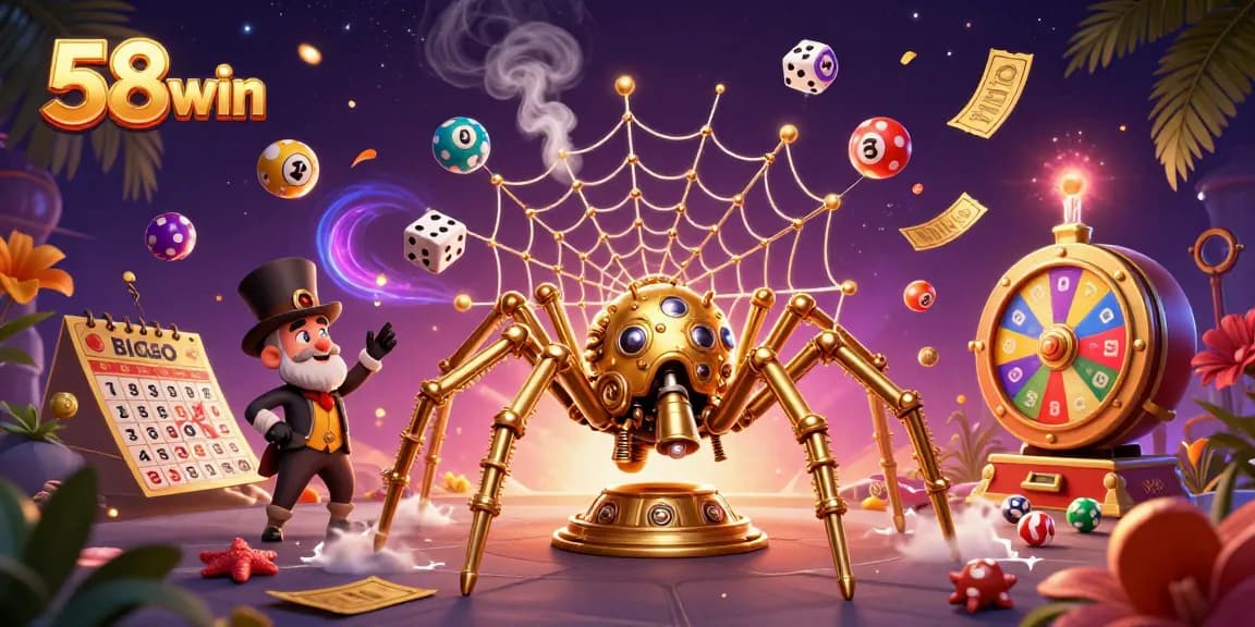 Engage in exciting gaming adventures at 58win with a dynamic 3D illustration of a steampunk spider and vibrant casino elements.