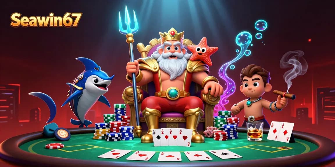 Seawin67 memperlihatkan raja laut Neptune di kasino 3D, dikelilingi kartu poker dan chip yang berlimpah.
