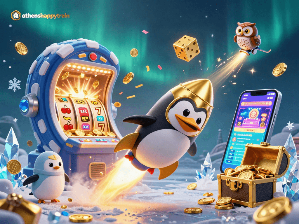 Enjoy thrilling gaming action with athenshappytrain featuring a golden penguin in a vibrant casino space scene.