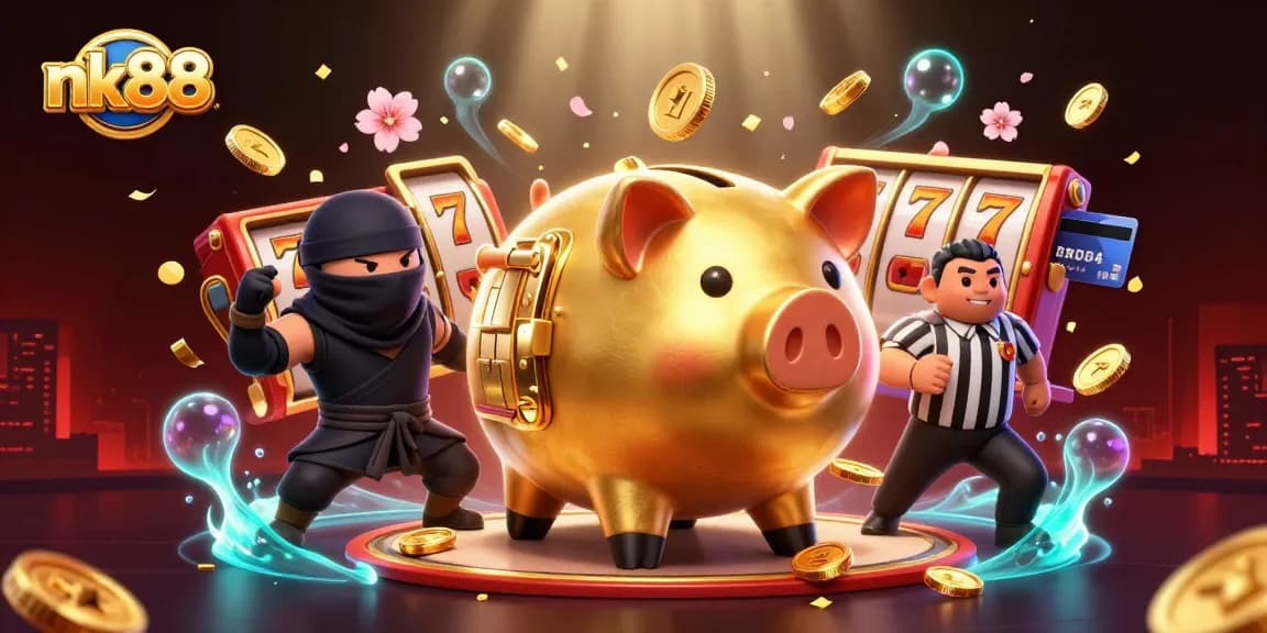 Engage with nk88's casino adventure featuring a golden piggy bank wrestler amidst dynamic gaming symbols.