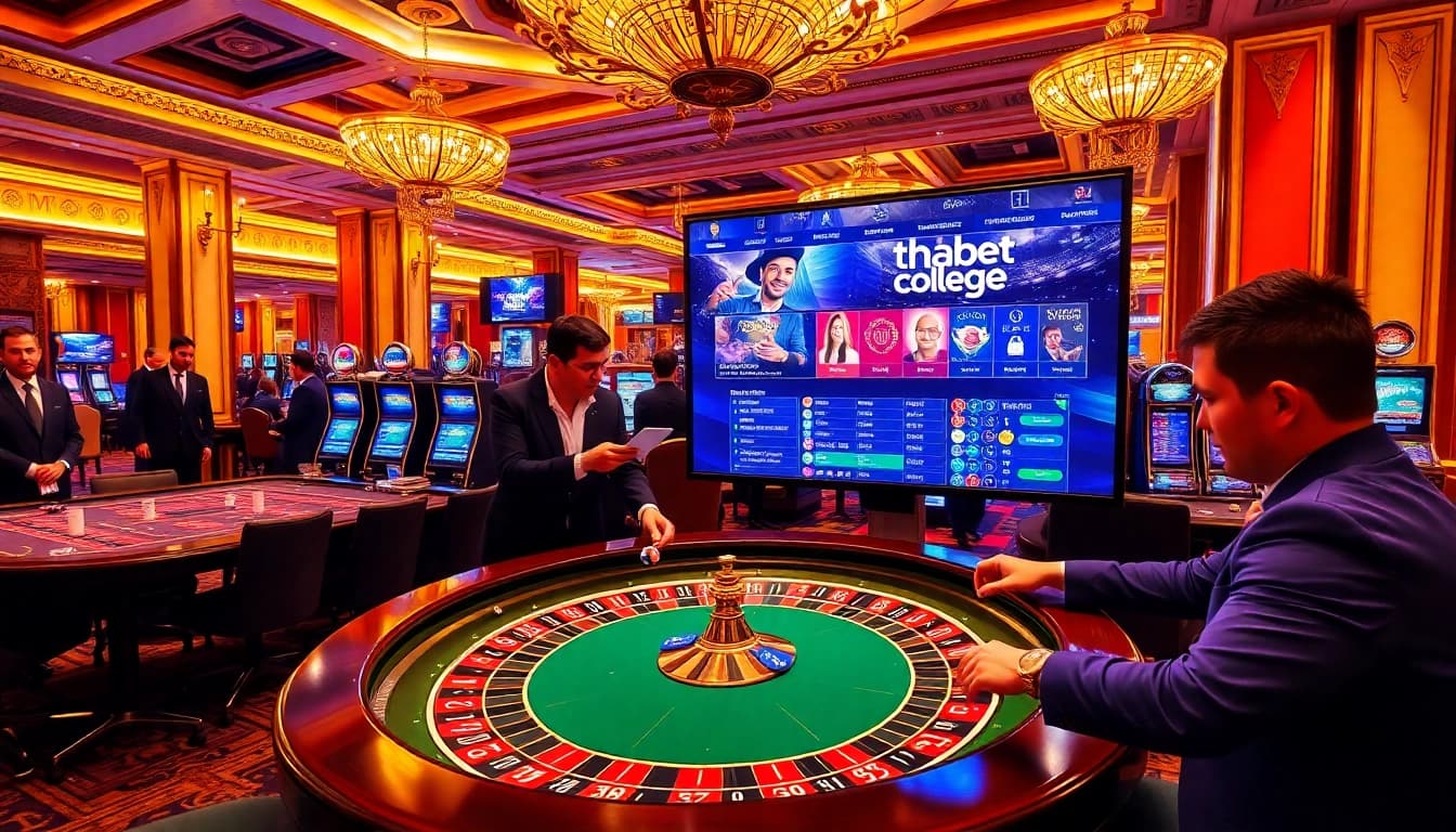 Exciting casino atmosphere showcasing thabet college gaming with roulette, dice, and poker chips.