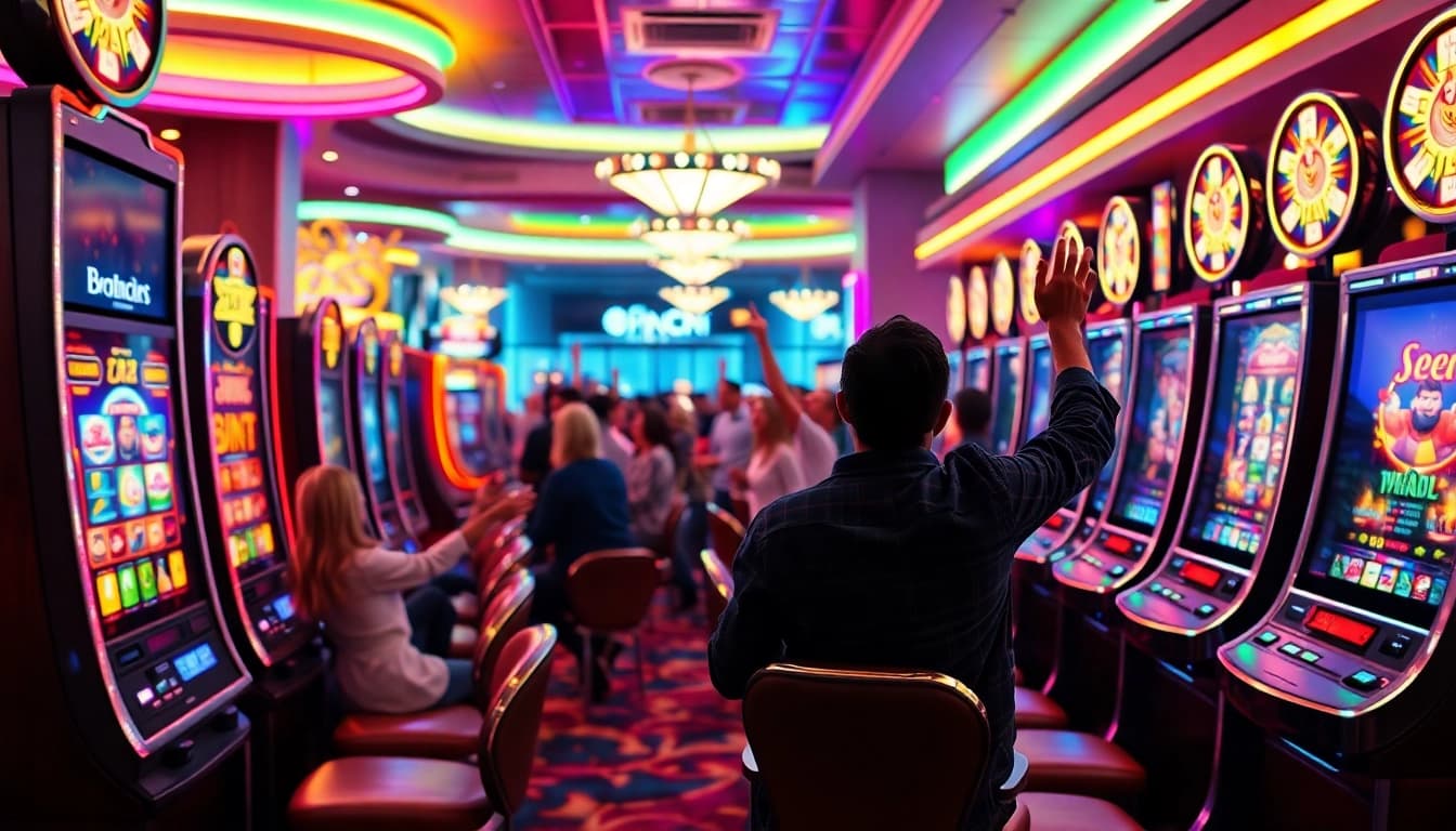 Pemain merasakan kegembiraan saat memainkan xgslot88 di mesin slot kasino yang cemerlang.
